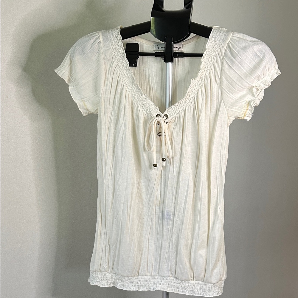 French Laundry Cream Blouse with Lace-Up Front